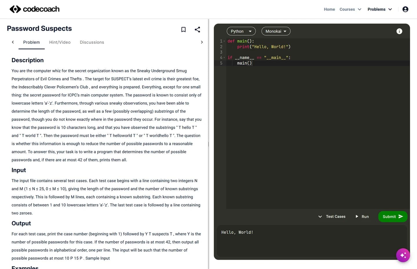 The problem-solving workspace with a code editor