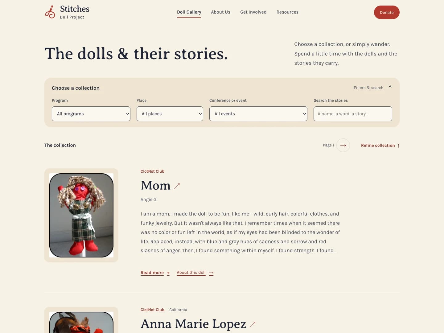 The Stitches gallery with collection filters and stories in rows